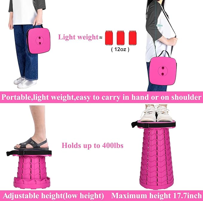 Fishboy Upgraded Square Collapsible Stool, 400lbs Max Weight, Lightweight But Sturdy, Portable Retractable Folding Telescoping Foldable Camping Stool for Adults Outdoor Fishing Hiking Travel BBQ