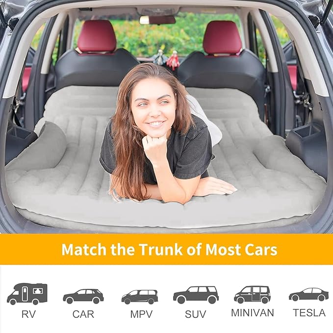 KMZ SUV Air Mattress Thickened and Double-Sided Flocking Travel Camping Bed with 2 Pillows & Electric Pump Dedicated Mobile Cushion Inflatable Bed for SUV Trunk and Rear Seat (Light Gray)