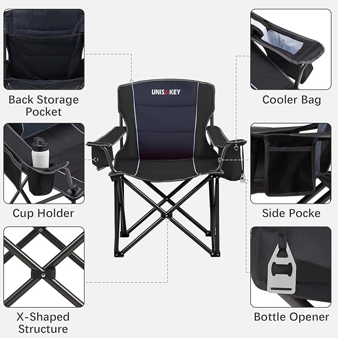 Oversized Folding Camping Chair for Adults - 450lbs Support - Heavy Duty Portable Lawn Chairs with Side Pocket Cup Holder Cooler Bag for Sports Garden Beach Fishing, Black 2 Pack