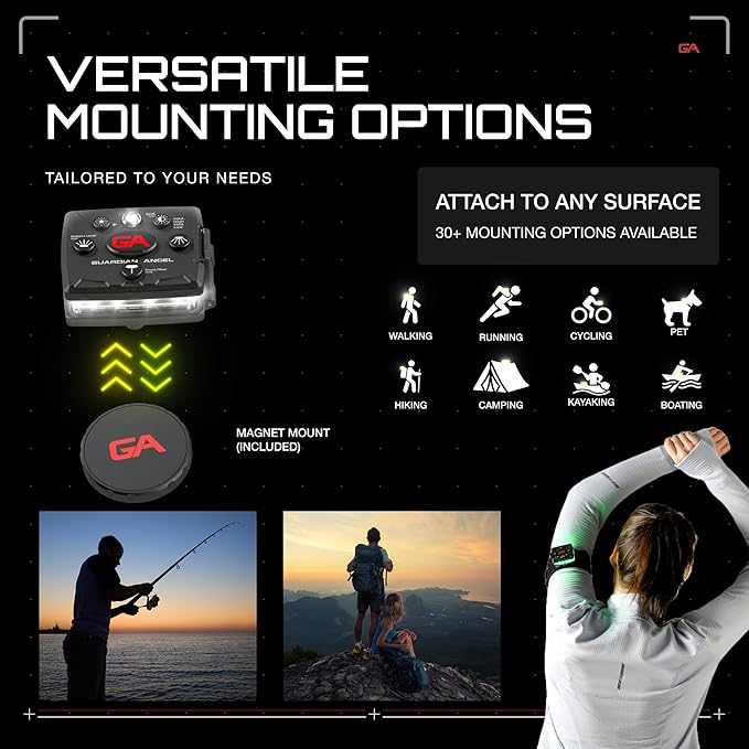 Guardian Angel Micro Series Safety Lights, (All White Front & Orange Rear) | Rechargeable, Magnetic & Hands-Free Wearable LED Flashlight for Dog Walking, Cycling, Hiking, Camping & Fishing