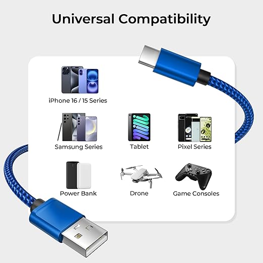 Basesailor for iPhone 17 16 Pro Max Charger Cord,USB to USB C Cable,Type C Charging Power Cord for Apple 17e 15 iPad 10 Air 4 5,Samsung Galaxy S26 S25 S24 S23,Blue,2Pack 3.3FT(1M)
