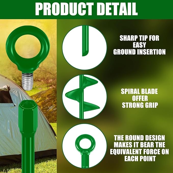 Lasnten 6 Pcs 30 Inch Heavy Duty Ground Anchor Spiral Blade Earth Anchor Kit Metal Anchor Hook Beach Sand Stakes Camping for Securing Animals, Shelters, Tents, Canopies (Green)