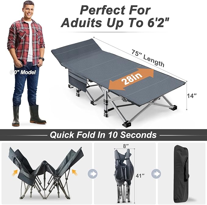 ABORON Camping Cot for Adult 28" Extra Wide, 2PK Heavy-Duty 1200D Oxford Cot for Sleeping, Portable Folding Camp Bed with Mat & Carry Bag