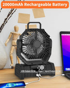 ADUST Portable Camping Fan Battery Powered Operated with LED Light 20000mAh Rechargeable Oscillating Fan with 360° Rotation Hanging Hook for Tents, USB Desk Fan for Bedroom, Office (Black)