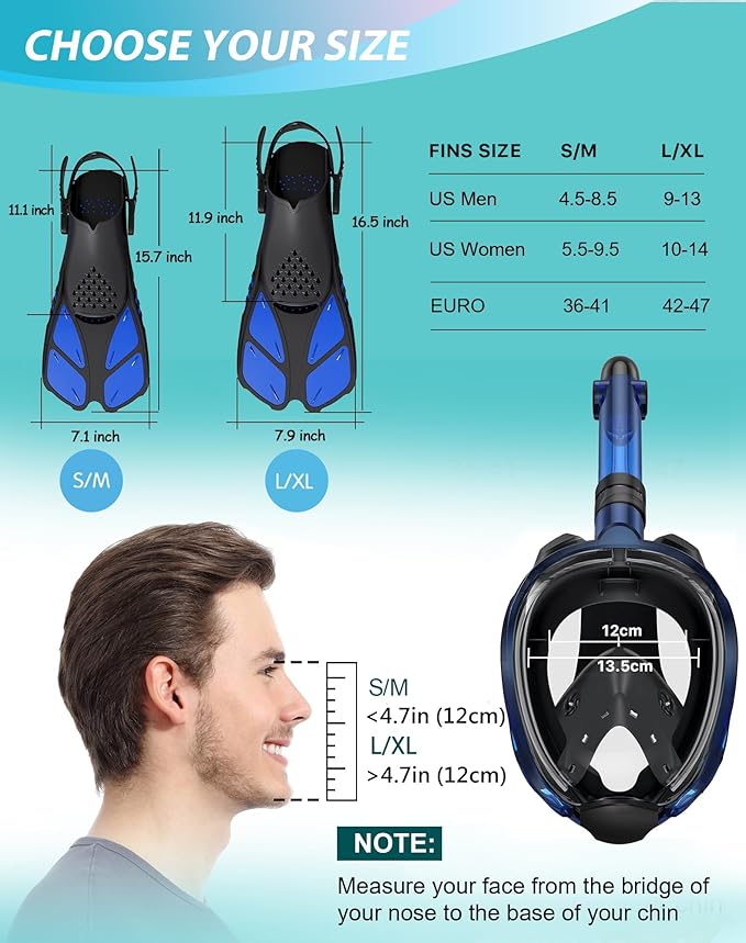 Mask Fins Snorkeling Gear for Adults, Full Face Snorkel Mask & Adjustable Swim Fins Snorkel Set, Panoramic View Snorkel Mask Dry Top Anti-Fog Anti-Leak