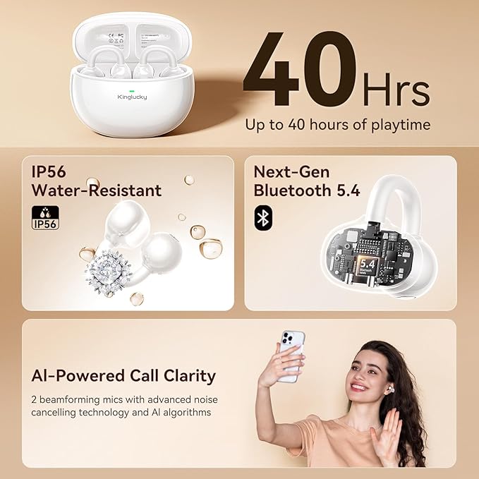 Kinglucky Jewelry-Inspired Clip-On Earbuds with Diamond Earrings, Comfortable Fit & 40H Playtime Open Ear Bluetooth 5.4 Wireless Headphones for Women, Small Ears, Sports & Workouts (White)