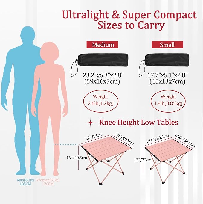 Grope Portable Camping Table with Aluminum Table Top, Folding Beach Table Easy to Carry, Prefect for Outdoor, Picnic, BBQ, Cooking, Festival, Beach, Home (Pink-M)