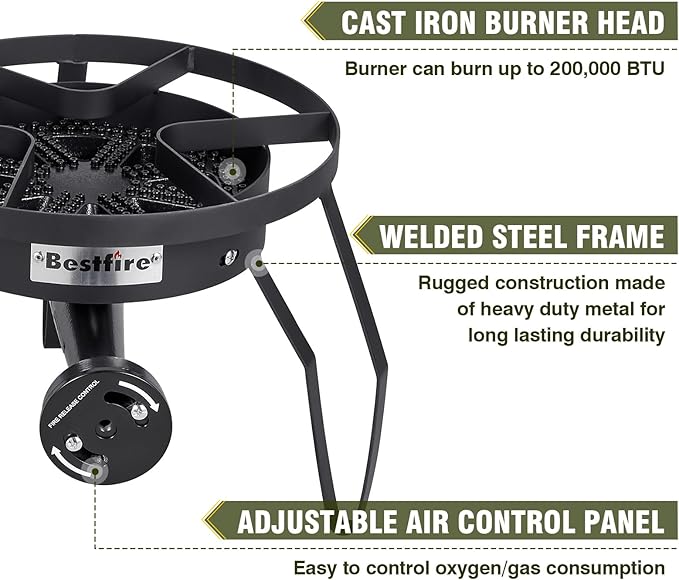 Bestfire 16" Single Propane Burner Camping Stove with 4 Feet High Pressure 0-20 PSI Gas Burner Adjustable Hose 200,000 BTU for Frying, Camping, Home Brewing and Turkey Frying