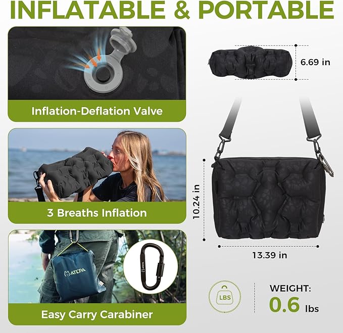 ATEPA 4-in-1 Travel Cushion, Ultralight Portable Inflatable Pillow Seat Cushion Neck & Back Support Travel Bag with Zippered Protection & Convertible Strap for Airplane Camping Backpacking