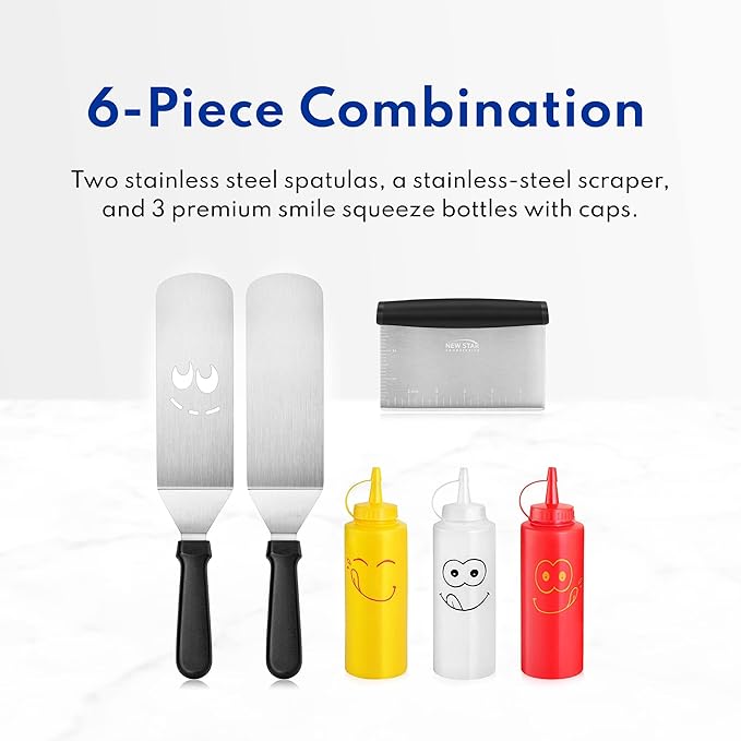 New Star Foodservice 7006865 Stainless Steel BBQ/Griddle Utensils & Accessories Tool Set, 6-Piece Set Includes Spatulas, Dough Scraper with Measurements, & Squeeze Bottle Set