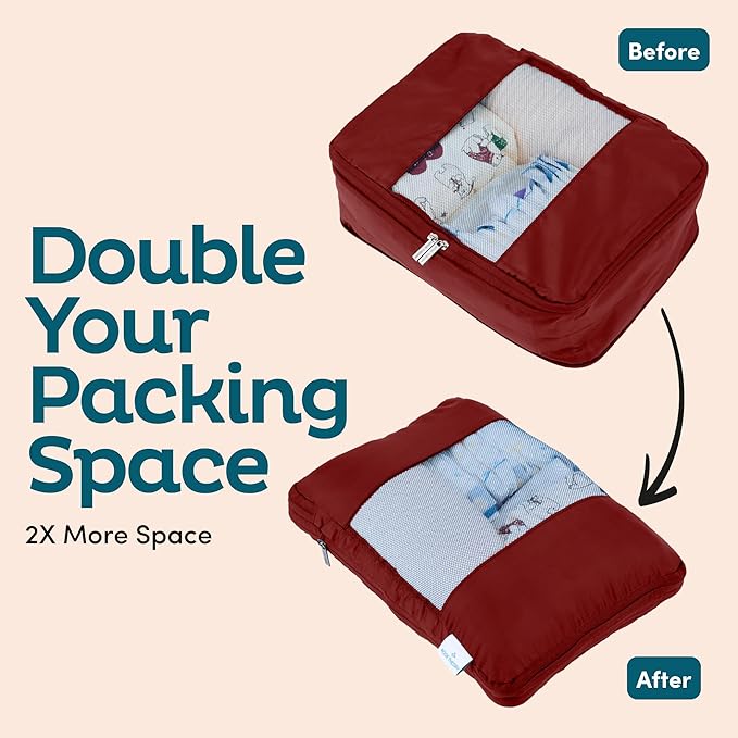 6-Pack Compression Packing Cubes Travel Essentials - Lightweight, Water-Resistant Luggage Organizer Bags with Handles, Durable Travel Accessories Suitcase Organizer (Burgundy)