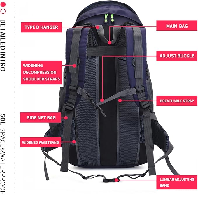 Bseash 50L Hiking Backpack, Water Resistant Lightweight Outdoor Sport Daypack Travel Bag for Camping Climbing Skiing Cycling (Dark Purple - With Shoe Compartment)