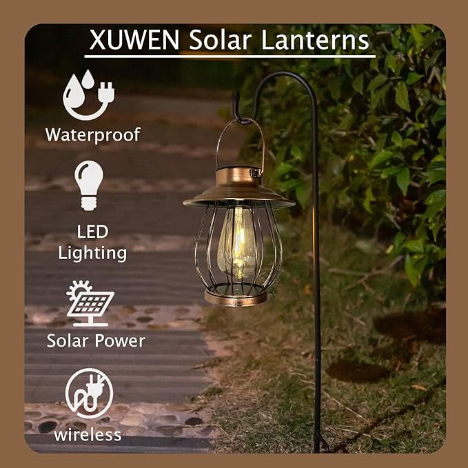 Solar Lanterns Outdoor Waterproof - Outdoor Hanging Lantern with Shepherds Hook, Christmas Halloween Housewarming Gifts for Women Mom Grandma, Lanterns Decorative Outdoor for Yard Patio Backyard Porch