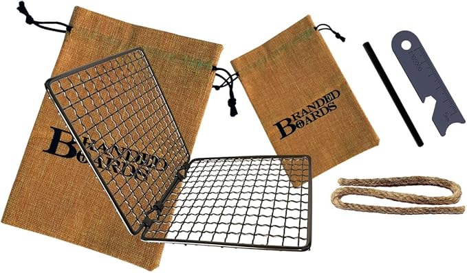 Portable Bushcraft Stainless BBQ Cooking Grill Grate, Bamboo Cutting Board, Burlap Bag, Mini Knife, Fire Starter Kits. Camping, Campfires, Backpacking, Hunting & Fishing Gear