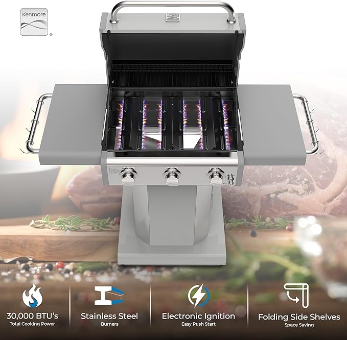 Kenmore 3-Burner Propane BBQ Grill, 30,000 BTUs Gas Grill with Cast Iron Cooking Grates, Folding Side Tables & Wheels, Outdoor Grill with Tool Hooks, Pearl White + Bonus Cover