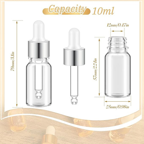100 Pcs Mini Glass Oil Dropper Bottle Bulk, Clear Essential Small Empty Bottles Sample Containers Perfume Liquid Vials with Cap for Traveling (10 ml,Silver)