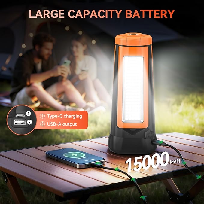 Rechargeable Camping Light with Stand, 15000 mAh Cordless Work Light with 3 LED Lamp Heads, 5500 Lumens Dimmable Camping Essentials Gear Emergency Flashlight with 86" Detachable Tripod, Orange
