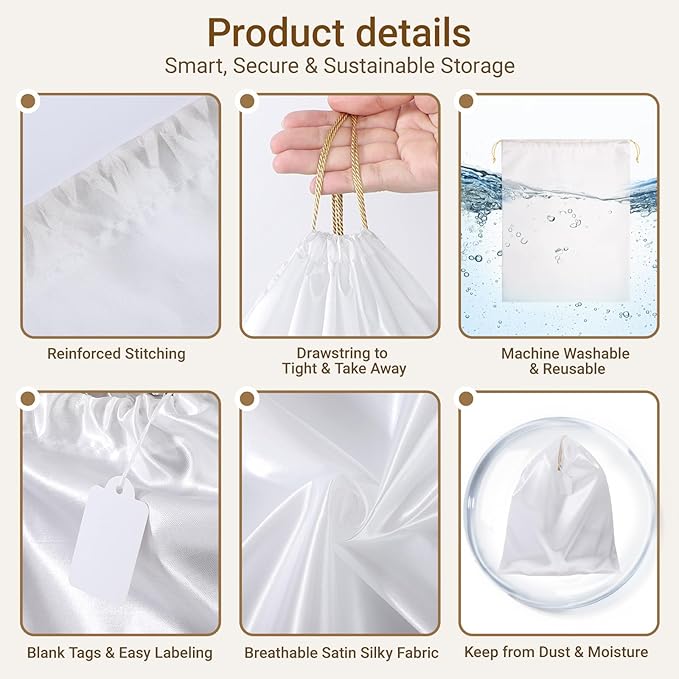 Ewen 3 Pack Satin Drawstring Dustbags for Handbags with Tags, Small Medium Large Dustproof Travel Essentials Organizers, Packing Bag Set for Closet Home Storage Jewelry Shoes Purse Organization, White