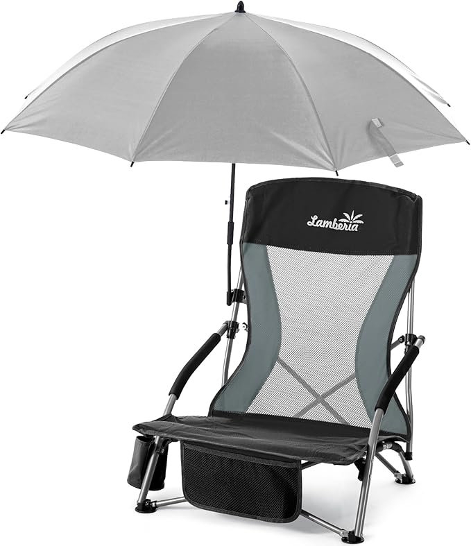 Lamberia Folding Beach Chair with Umbrella for Adults, Portable Low Beach Chairs with 300lbs Capacity, Lightweight Fodable Camping Chair for Travel, Picnic, Concert & Outdoor Activities, Black-Grey