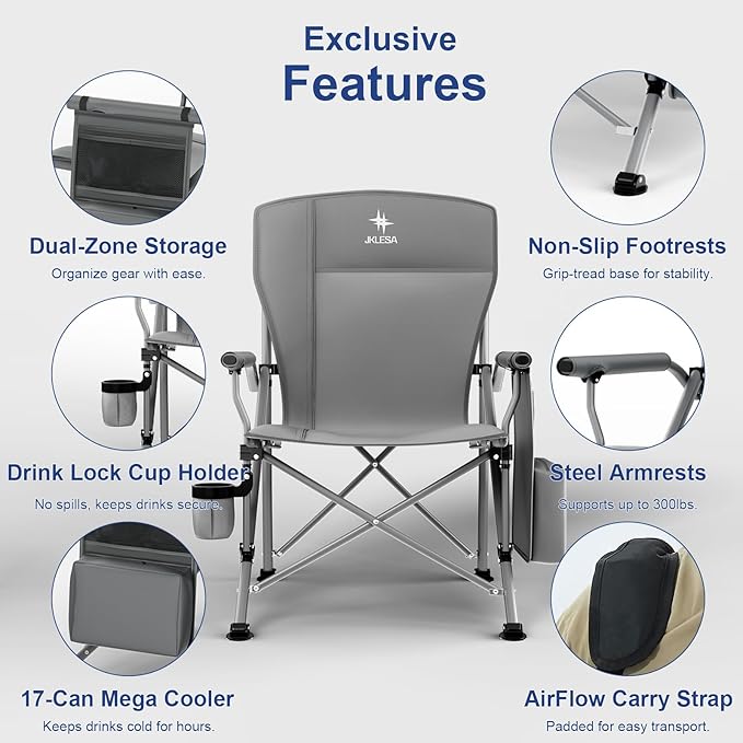 XL Heavy Duty Camping Chair 396lb Capacity (525lb Max) – Waterproof 1680D Oxford Fabric, 2" Padded Seat & Back, Cup Holder, Cooler Pocket, Portable for Camping, Beach & Tailgating (Onyx Black)