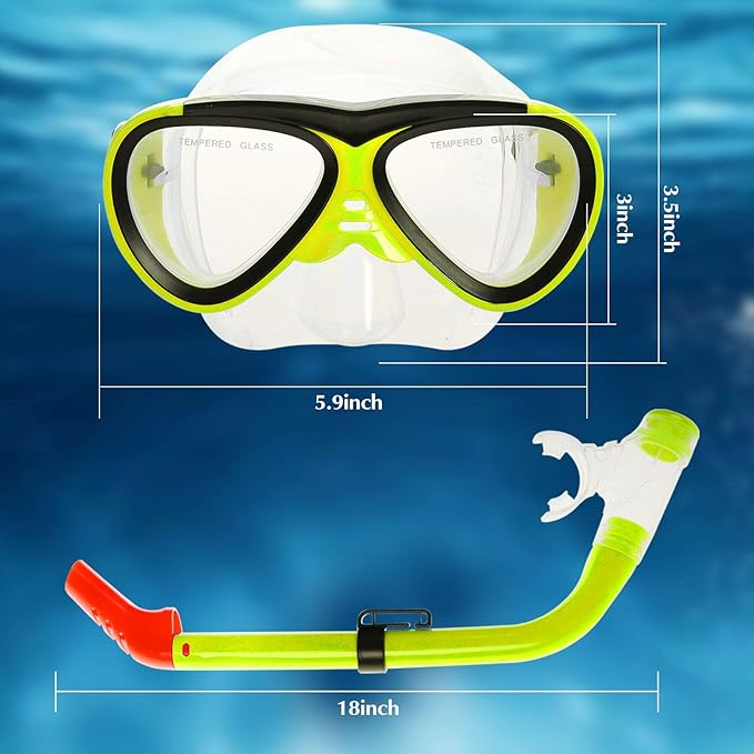 GreenLF Kids Snorkel Set, Anti-Fog Snorkeling Mask with Nose Covers for Youth Junior Child, Boys & Girls Age 5-12, Semi-Dry Diving Scuba Swimming Goggles Gear Packages