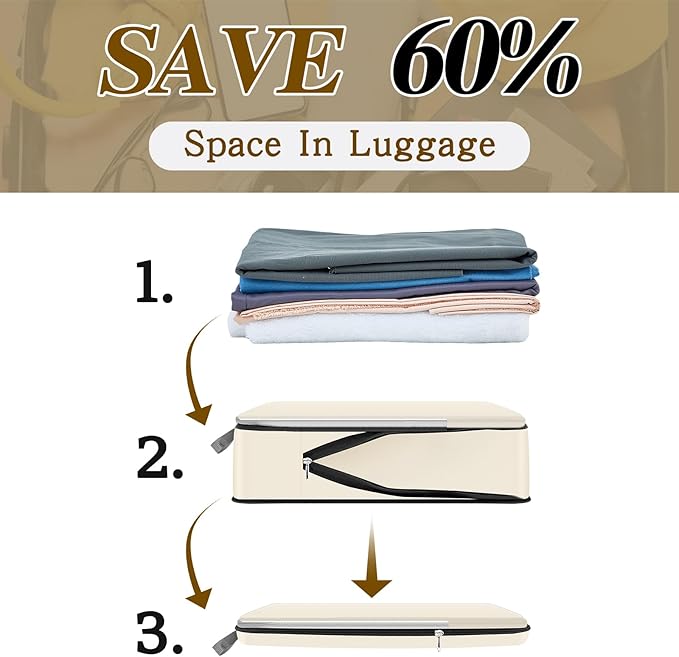 Hosuly 6 Pcs 17.3 x 12.6'' Compression Packing Cube Bag Extra Large Travel Expandable Space Saving Organizers XL for Luggage Storage(Beige)