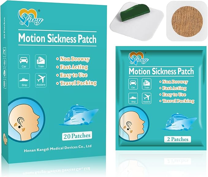 20ct Motion Sickness Patches Non Drowsy – Sea Sickness Patches for Cruise, Car, Airplane, and Other Travel – Waterproof Patch Hidden Behind Ear – Effect Lasts 72 Hours