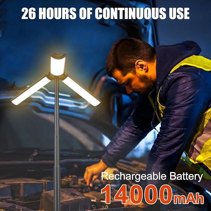 Rechargeable 3000mAh Camping Light with Stand 10w Max Power, Cordless Work Light with 3 LED Lamp Heads, Emergency Flashlight with Detachable Tripod, Black