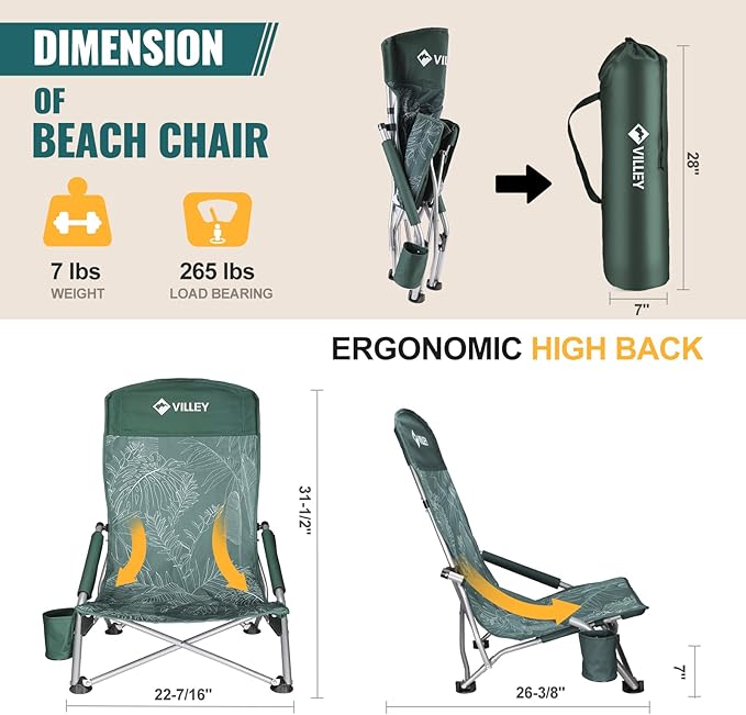 VILLEY Low Beach Chair, High Back Folding Adult Chair, Lightweight & Portable for Outdoor, Beach, Camping, Lawn, Music Festival, with Cup Holder & Carry Bag - Vintage Green Leaves