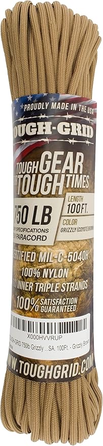 TOUGH-GRID Paracord Rope 750 lbs Nylon Parachute Cord, Made in USA Survival Kit, Outdoor Adventures, Camping, Tactical Gear & Emergency Supplies, Military Type IV Mil-Spec