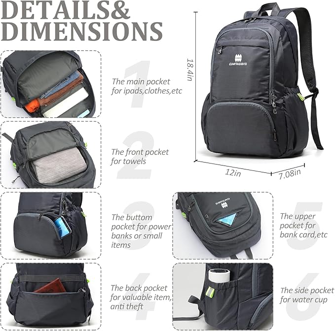 Lightweight Packable Travel Backpack, 30L Grey Daypack Hiking Backpack for Women Men, Waterproof and Foldable, Travel Backpack Carry on Flight Approved