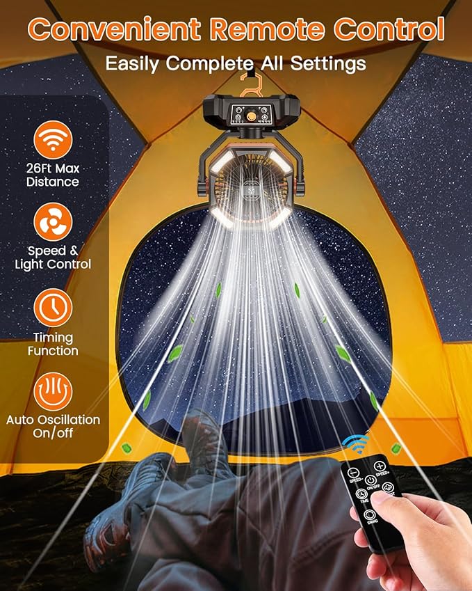 Camping Fan, 20000mAh Battery Powered Fan with LED Lantern, Rechargeable Battery Operated Oscillating with Remote Hook, 8 Speeds Outdoor Fans for Teny, Picnic, Fishing, Travel, Jobsite