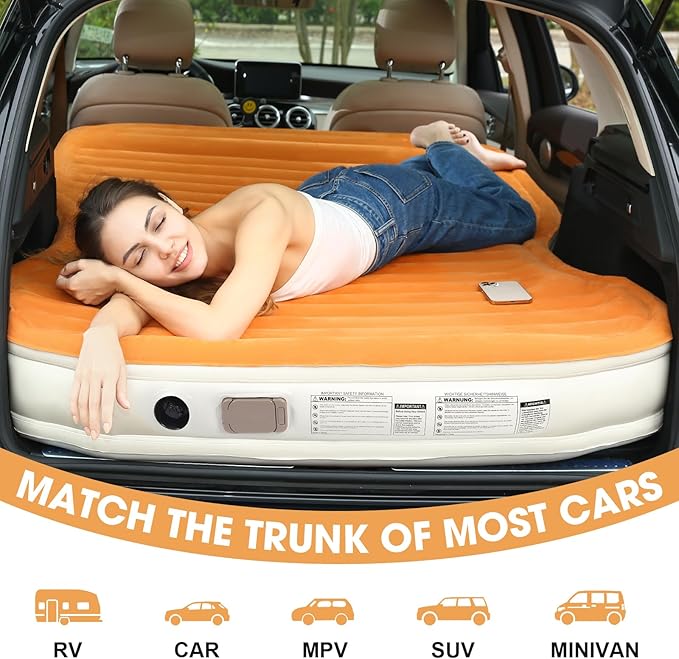 KMZ SUV Air Mattress with Built-in Pump & 2 Pillows, Thickened Flocked PVC, Quick 90-Seconds Inflation Air Bed, Portable & Durable Car Air Bed for Camping, Travel, Truck