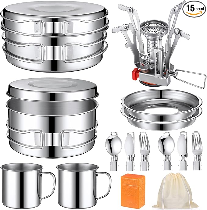 15 Pcs Camp Cooking Set Stainless Steel Camping Cookware Mess Kit with Pot Pan and Stove 2 Set Stainless Steel Cups Plates Forks Knives Spoons for Camping Backpacking Outdoor Cooking Picnic