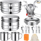 15 Pcs Camp Cooking Set Stainless Steel Camping Cookware Mess Kit with Pot Pan and Stove 2 Set Stainless Steel Cups Plates Forks Knives Spoons for Camping Backpacking Outdoor Cooking Picnic