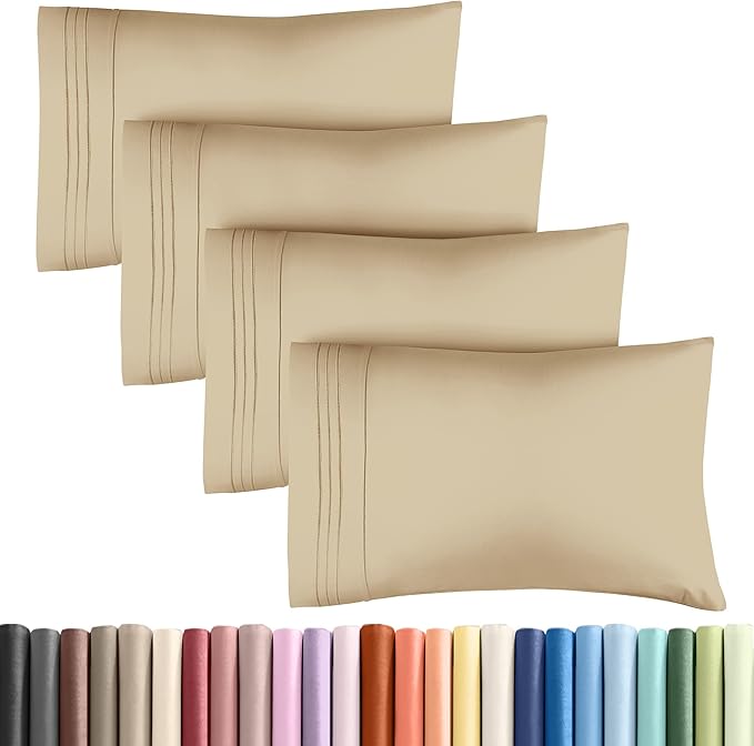 Pillowcases - Ultra Soft Hotel Quality Pillowcase Covers - Comfy, Cozy & Wrinkle Free - Shrinkage and Fade Resistant - Machine Washable Pillow Protectors - (King, Beige, 4 Piece Set)