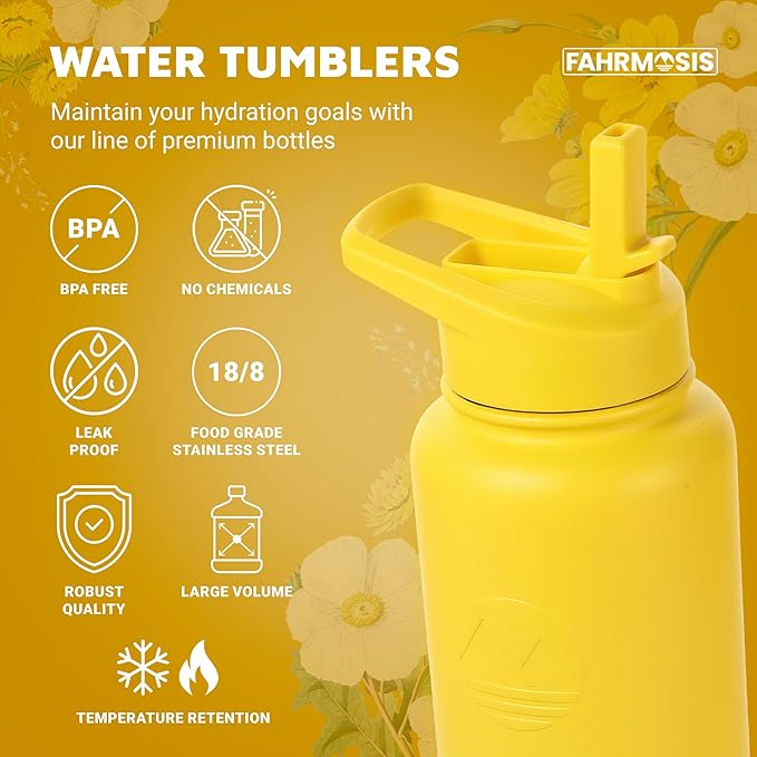 40 Oz Water Bottle with Straw Stainless Steel Sports Water Bottle with 3 Lids (Straw, Chug and Flip Lid) Insulated Leak Proof Metal Jug for Men & Women - Yellow