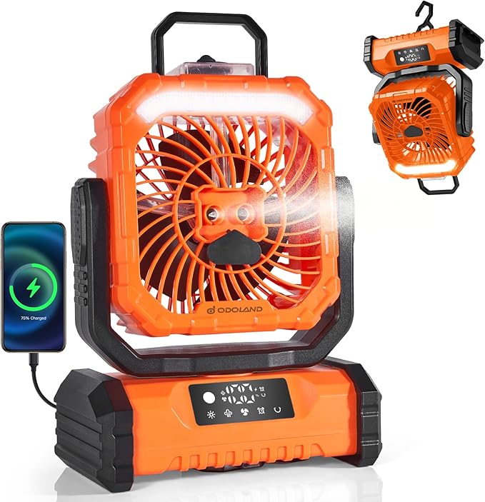Odoland Portable Misting Fan with Light, 30000mAh Rechargeable Battery Camping Fan with 2 Spray Mister, Outdoors Tent Ventilador with Remote and Hook for Indoor Cooling Hiking Patio, Orange