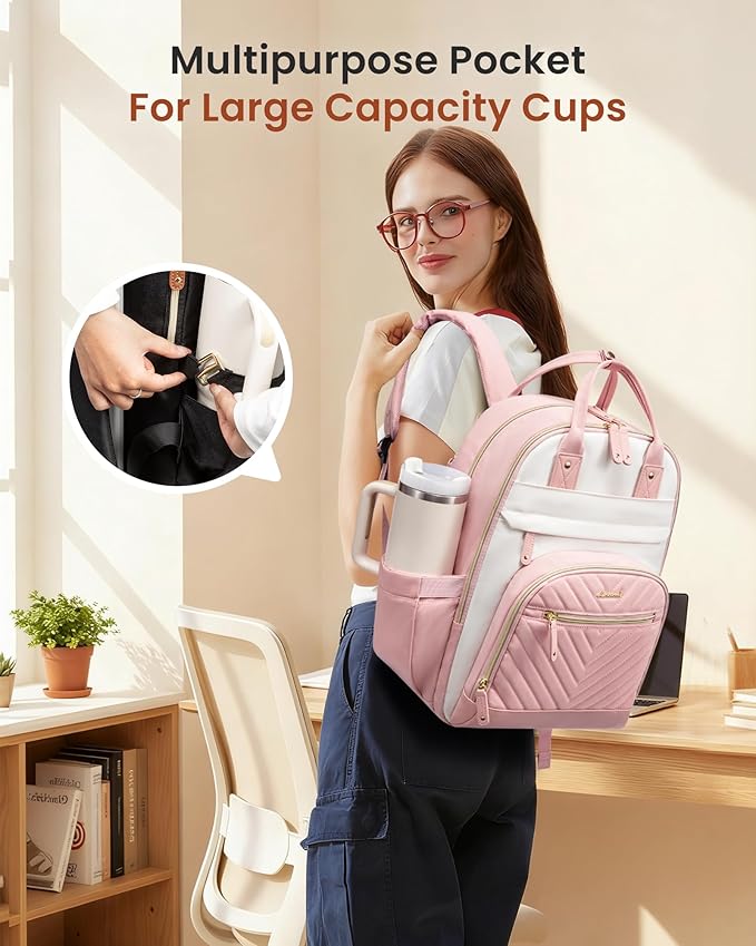 LOVEVOOK Laptop Backpack Women with Giant Tumbler Holder,15.6 inch Waterproof Work Travel Backpack Computer Laptop Bag,Cute College Nurse Teacher Backpack Purse,Gifts for Women & Men,Beige-Pink-Pink