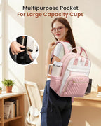LOVEVOOK Laptop Backpack Women with Giant Tumbler Holder,15.6 inch Waterproof Work Travel Backpack Computer Laptop Bag,Cute College Nurse Teacher Backpack Purse,Gifts for Women & Men,Beige-Pink-Pink