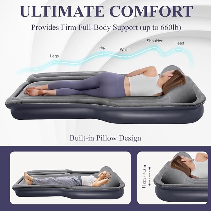 KMZ Inflatable Air Mattress with Built-in Electric Pump -Self Inflatable/Deflation Blow Up Mattress in 90 Seconds- Flocked Top Carbed with Carry Bag for Travel, Camping