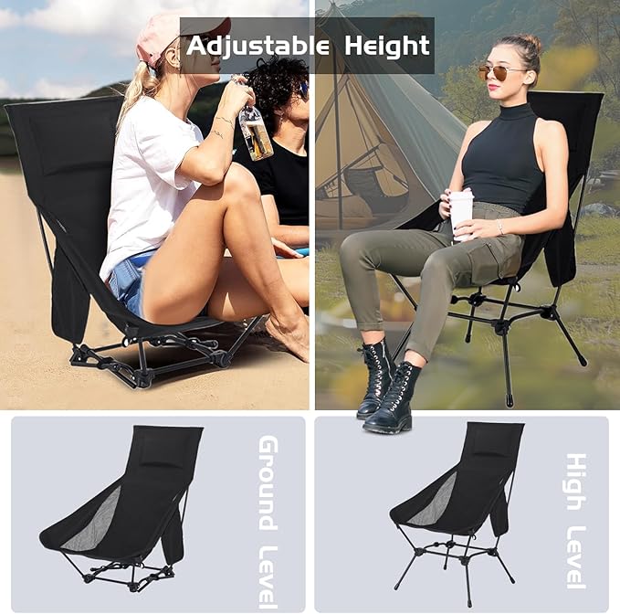 Upgraded Camping Chair, Oversized High Back Low Beach Chair, Lightweight Folding Backpacking Portable Compact Picnic Chair, Black