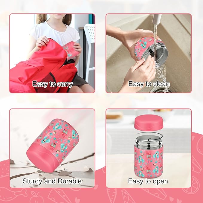 12oz Soup Thermo for Hot Food Kids Insulated Food Jar Wide Mouth Lunch Container Leak Proof Stainless Steel Vacuum Bento Box for School Office Travel Outdoors Pink-Mermaid
