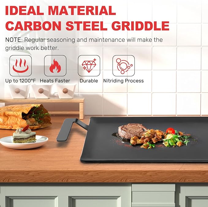 Carbon Steel Griddle Comes with Grill Press, Double Burner Griddle for Gas Stove, Electric Range, Outdoor Gas Grill, Induction, and Oven, Pre-seasoned Nitride Coating Compatible with Made in