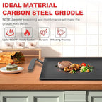 Carbon Steel Griddle Comes with Grill Press, Double Burner Griddle for Gas Stove, Electric Range, Outdoor Gas Grill, Induction, and Oven, Pre-seasoned Nitride Coating Compatible with Made in