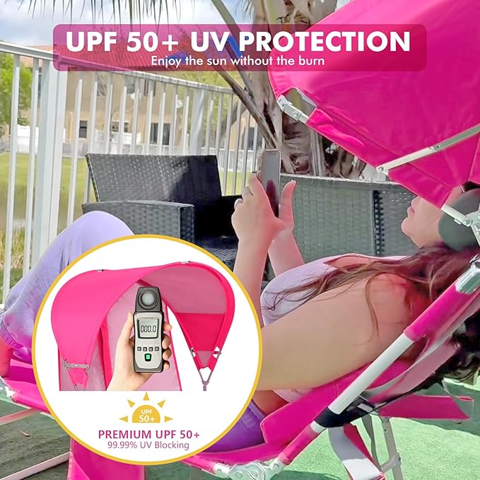 Backpack Beach Tanning Chair with Canopy and Face Hole, 6-Position Folding Lay Out Lounge Chair, UPF 50+ Wind-Resistant Sun Shade, Portable Recliner for Sunbathing, Outside, Poolside, Pink, Patented