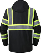 JKSafety Hi-Vis Reflective Safety Rain Jacket and Pants for Men Women Waterproof Rain Gears for Farming Fishing Work HV Rain Suit with Inner Mesh Lining and Pockets (117-Black L)