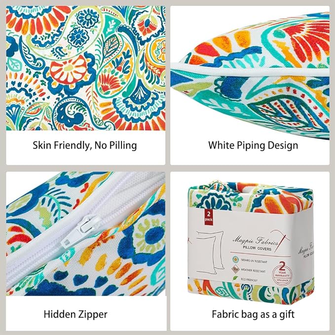Magpie Fabrics Patio Lumbar Pillow Covers ONLY 20"x12", Set of 2, Outdoor Indoor Cushion Cases Decorative Throw Rectangular Pillowcase Shell for Couch Garden - Paisley Multi