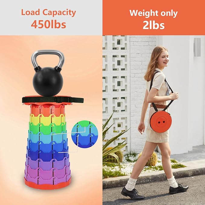 Portable Collapsible Stool, Adjustable Height Folding Seat for Adults and Kids, Lightweight Retractable Telescoping Stool for Camping, Travel, Fishing, Outdoor & Indoor Use (Rainbow Orange)