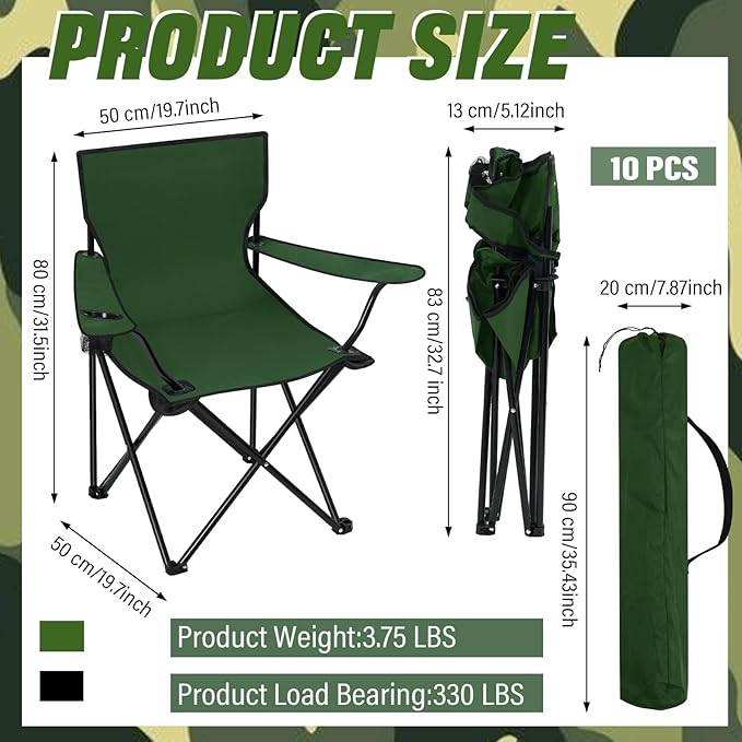 Huwena 10 Pack Folding Camping Chairs Bulk with Cupholder Carry Bags Lightweight Camp Chairs Collapsible Portable Outdoor Lawn Chair for Picnic, Beach, Outside